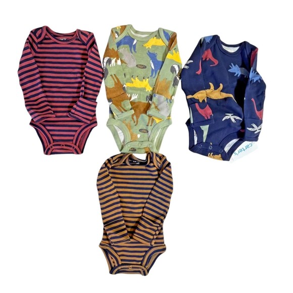 Carter's Bodysuits Long Sleeve Newborn Boy 4 Pc Snap Dinos Animal Stripe NWT - Picture 1 of 6